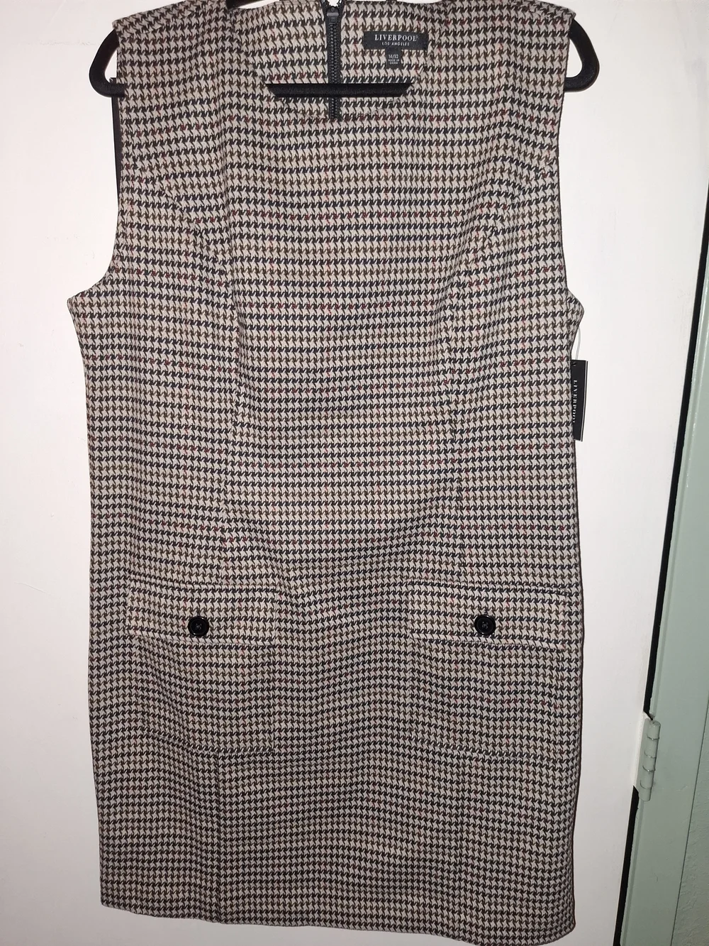Liverpool Los Angeles Women’s 14 Black/Tan Houndstooth Shift Dress Round Zip